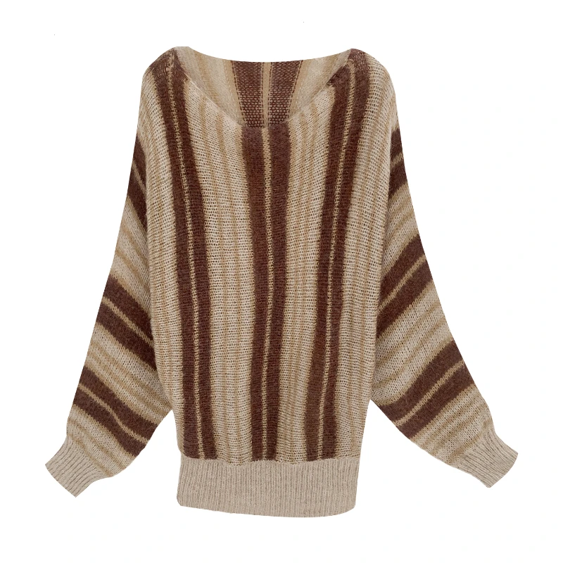 洋气港风复古羊毛混纺慵懒感落肩宽松针织衫秋季软糯条纹短款别致