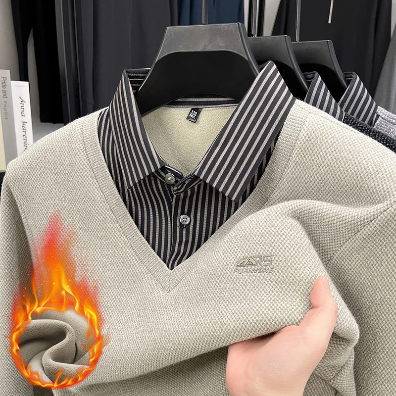 【雪貂假两件】冬季新款保暖假两件休闲商务衬衫领毛衣打底衫