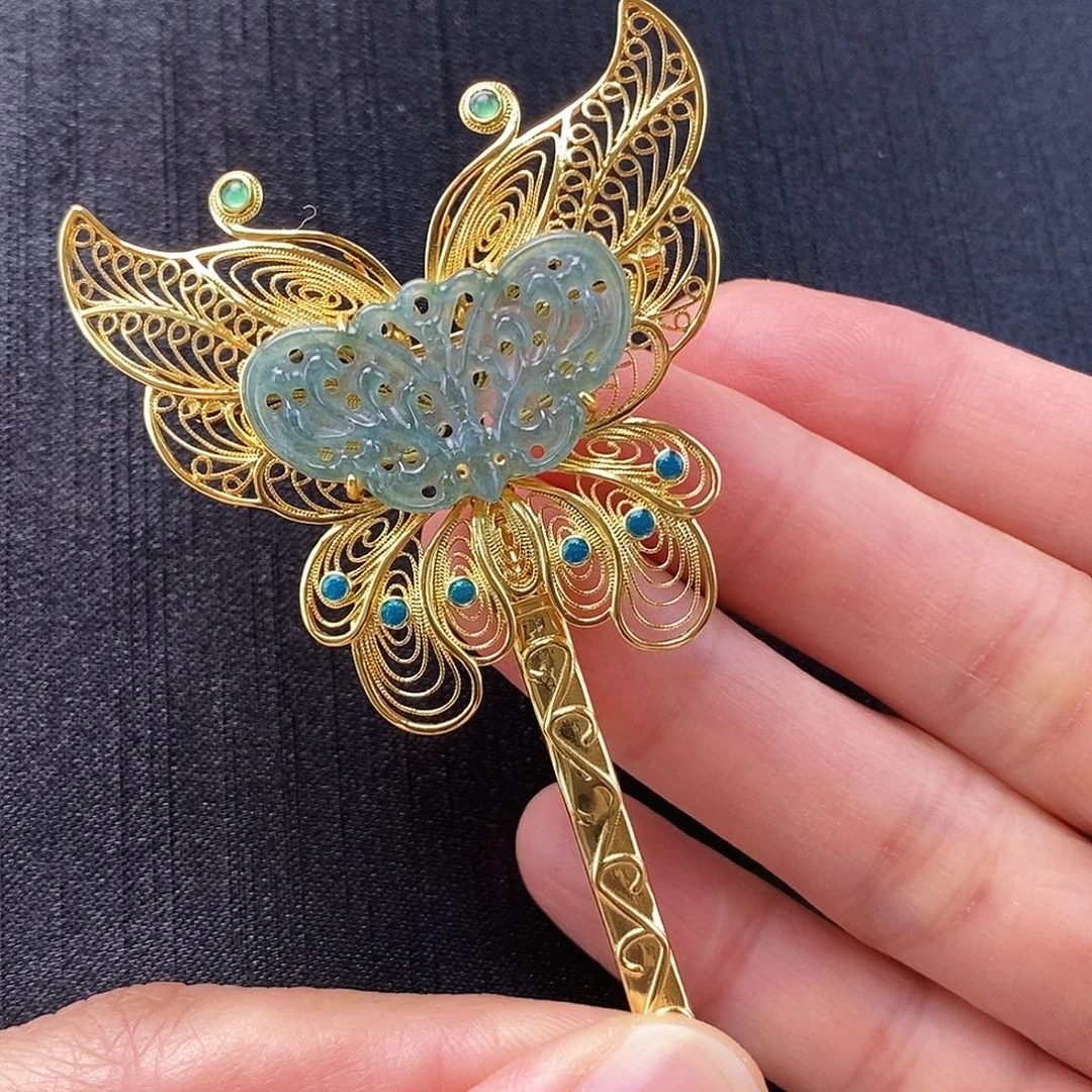 翡翠银S925镀金镶嵌发簪吊坠胸针发簪三用