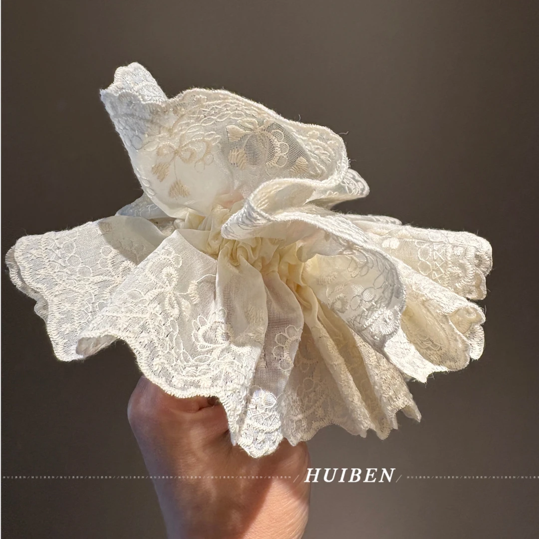 「MyFioielli｣天丝刺绣发圈~重手工高颜值蕾丝米白色大肠发圈FQ14