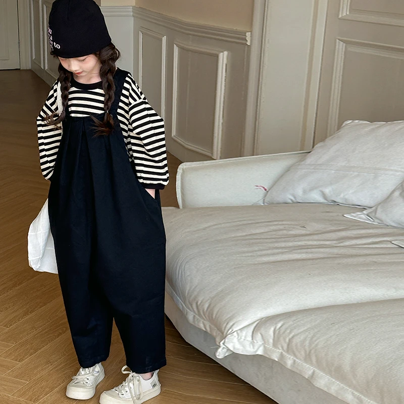 高品质女童春夏五分袖条纹背带裤套装韩版纯棉中大儿童洋气时尚潮