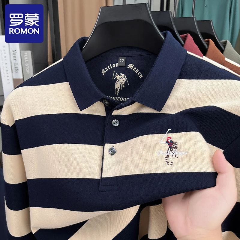 Romon/罗蒙秋季长绒棉长袖Polo衫男士商务休闲刺绣条纹男装T恤衫
