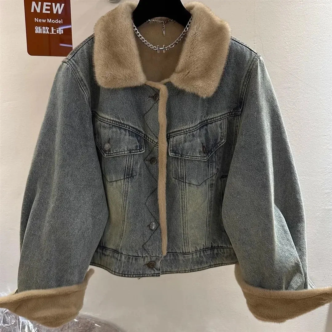 高端欧货冬季新款加厚复古毛毛牛仔外套小个子短款气质保暖外套女