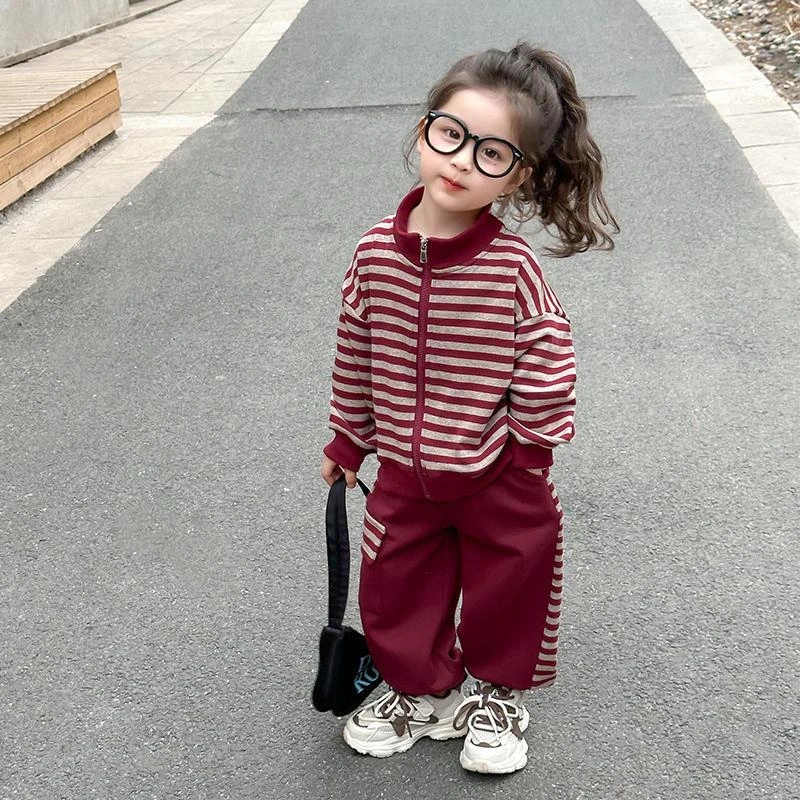 2025女童条纹新款休闲套装宝宝洋气时髦儿童外套春秋小童两件套
