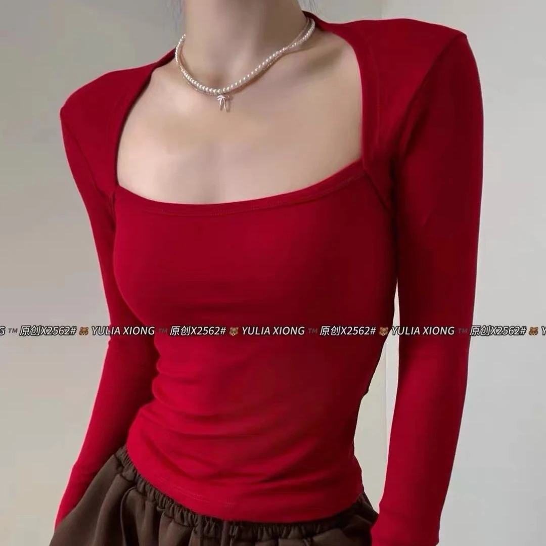 方领长袖常规女韩式方领打底T恤露肩春季小众酒红色2562