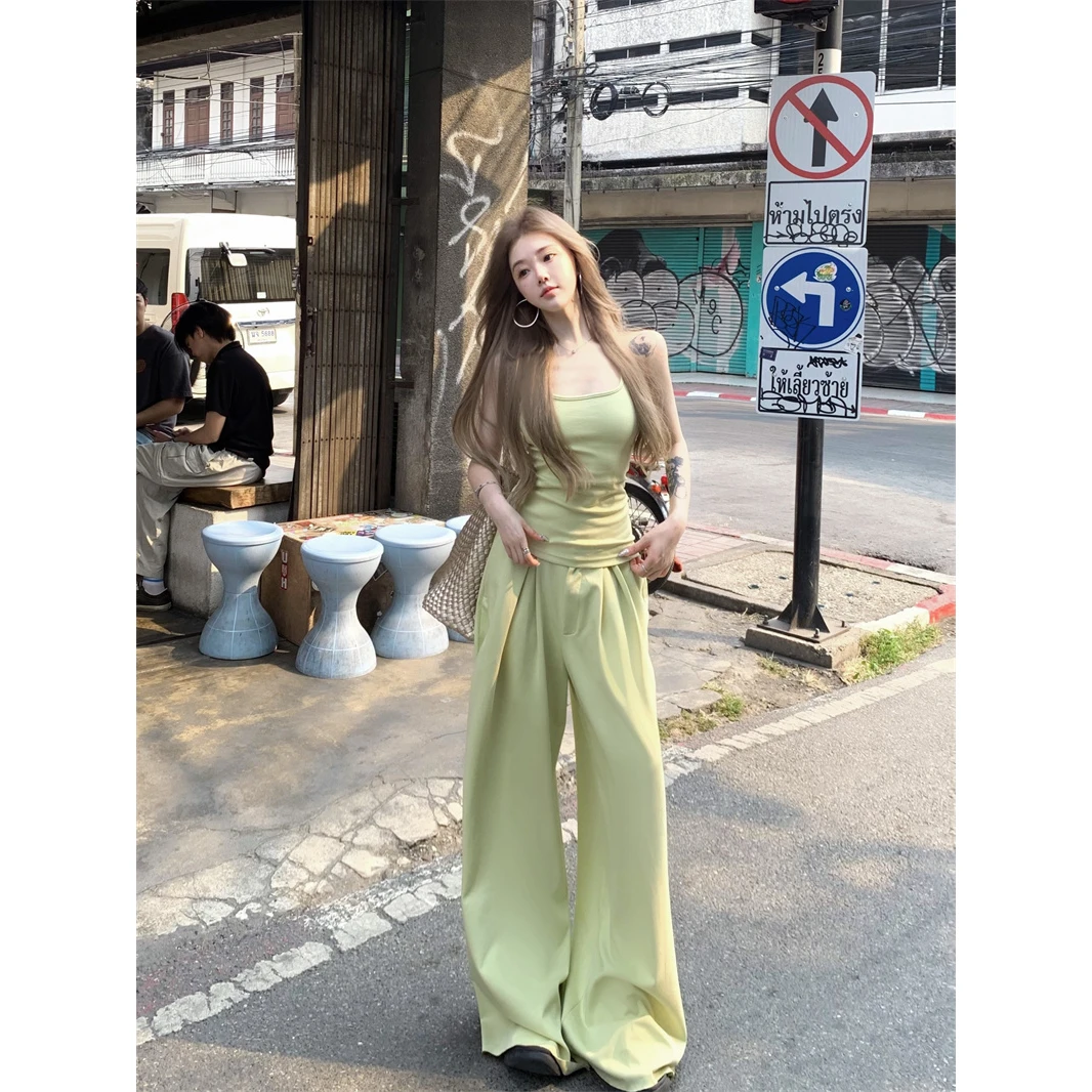 黑泽玄2025年夏款“懒人套装显瘦百搭工字吊带背心休闲阔腿直筒裤