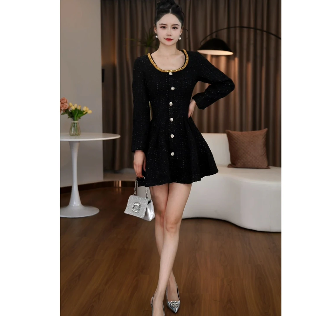 【然也专属】【有里布】赫本小香风圆领长袖内搭秋季短款裙子D3854