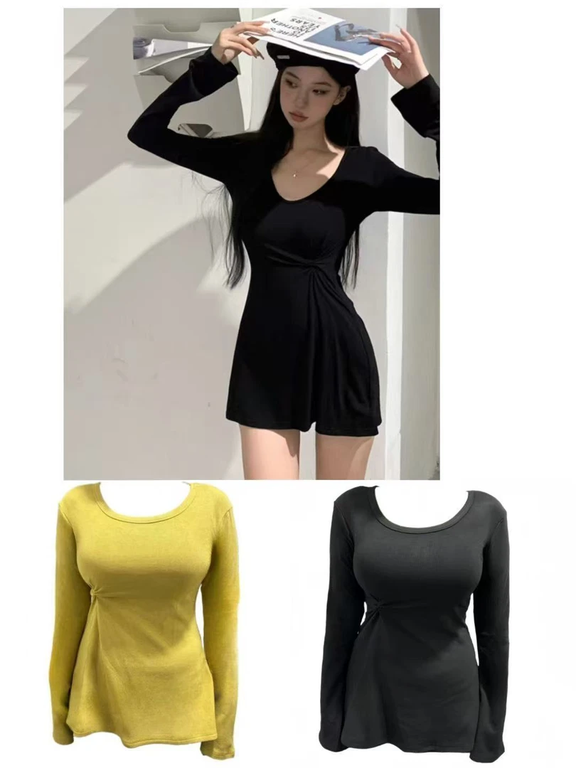 天一~纯欲风辣妹长袖T恤女春季高级感收腰显瘦长款上衣3518