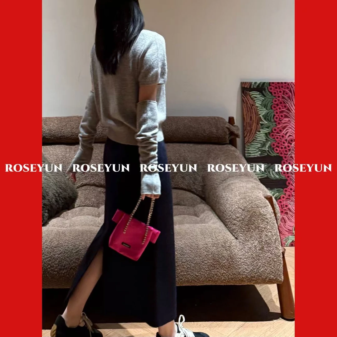 【Rose Yun】夜幕蓝山羊绒光班极简收腰半身裙  JY0010