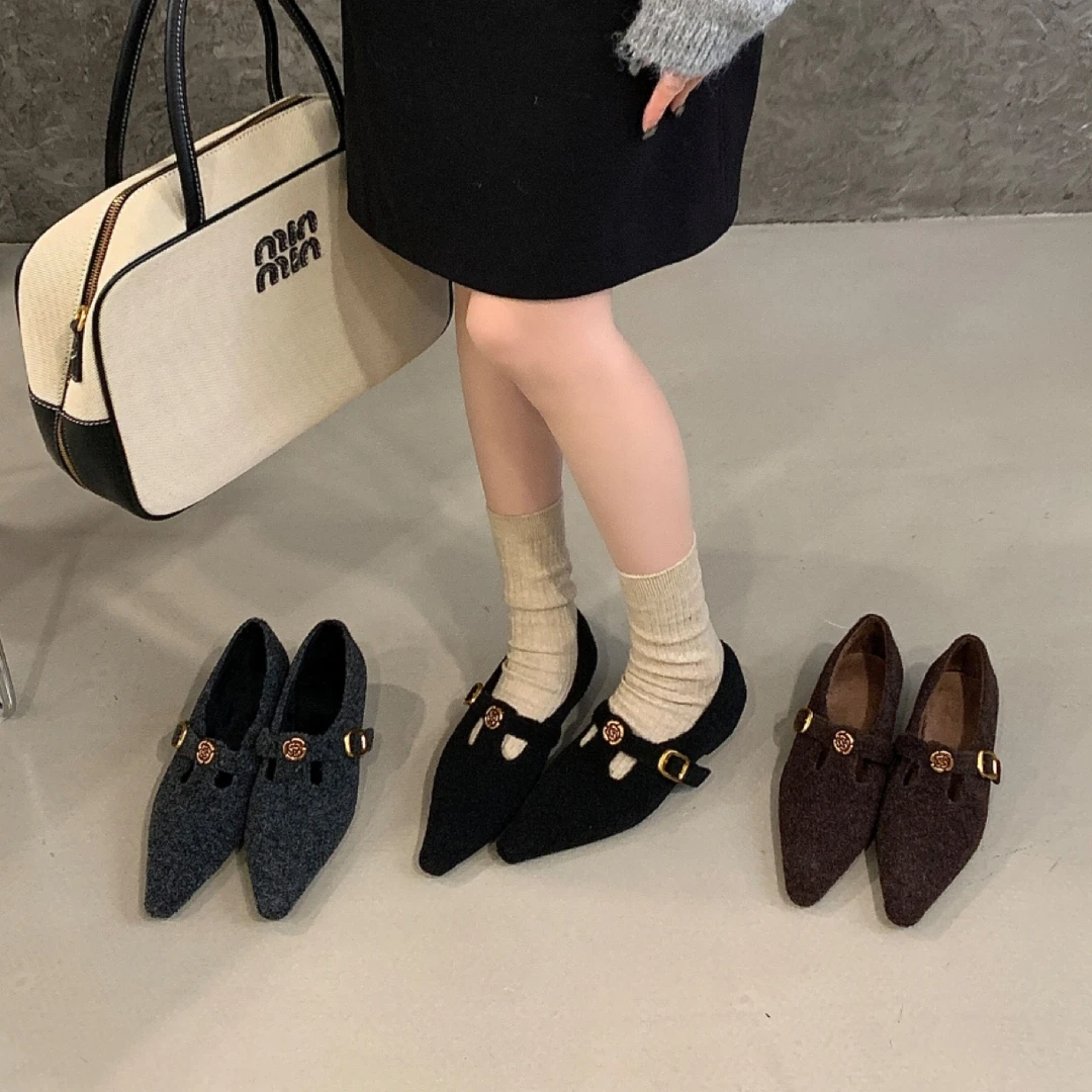 梦梦家 6114-6 加绒保暖羊羔毛毛鞋法式复古尖头浅口单鞋一脚蹬