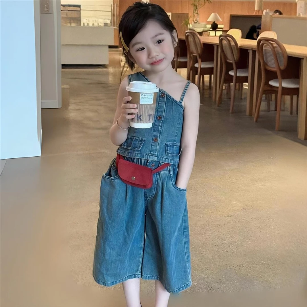 女童套装2025夏季新款儿童韩版洋气薄款牛仔吊带上衣阔腿裤两件套