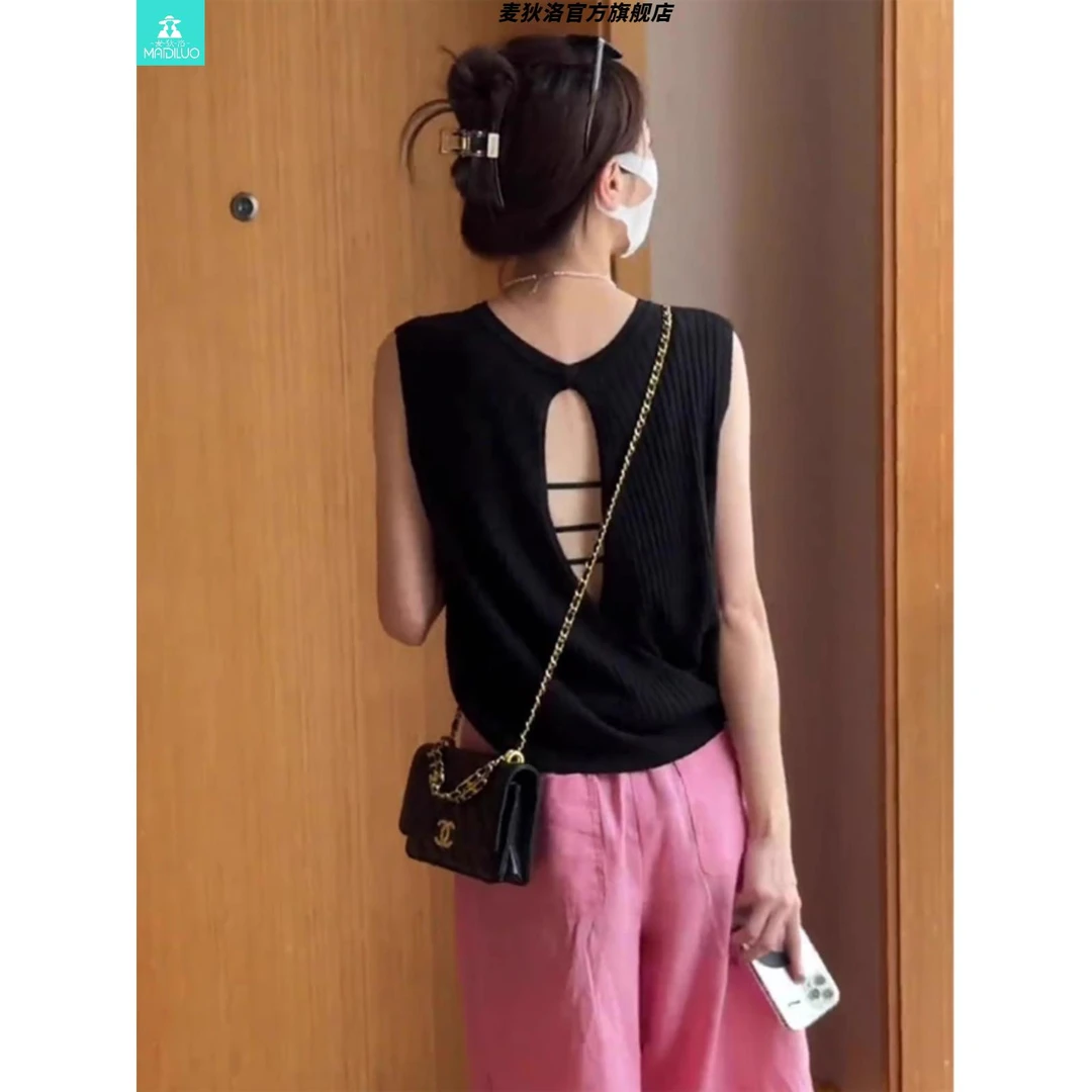 黑色无袖背心针织冰丝露背t恤女夏季设计感小众后背镂空小衫上衣