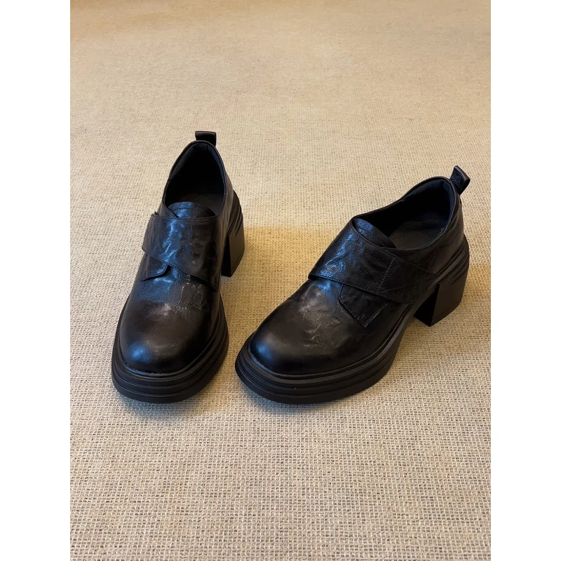 nnmiss·34-40/6.5cm小个子圆头深口魔术贴小皮鞋复古粗跟通勤单鞋