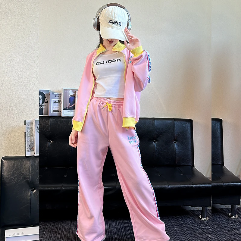 女大童韩版多巴胺套装2025春秋季时尚洋气卫衣初中生直筒休闲裤子