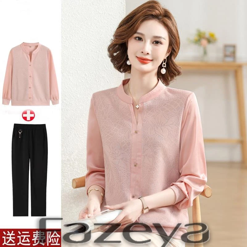 彩羊妈妈春装新款洋气上衣长袖薄款中老年女春秋时尚针