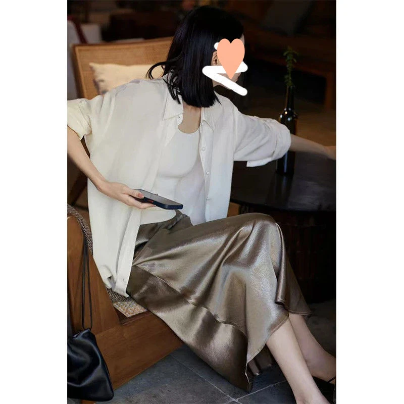 【松紧腰+拉链+侧开叉】高级感珠光缎面A字裙春夏半身裙女2种长度