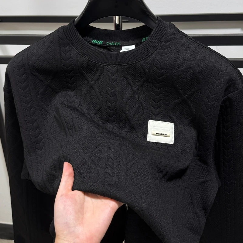 CATIA SELI秋冬新款加厚纽花卫衣男士休闲宽松圆领内搭长袖针织衫