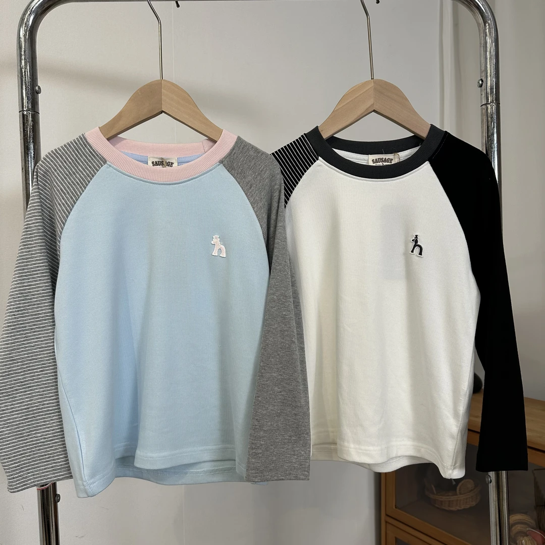 小哈家儿童拼色打底衫男女长袖T恤拼色简约条纹百搭校园神器H7041