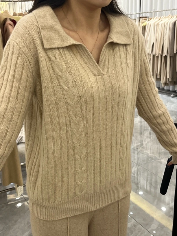 【baby绒】 polo领绞花条纹款套头羊绒衫 ht