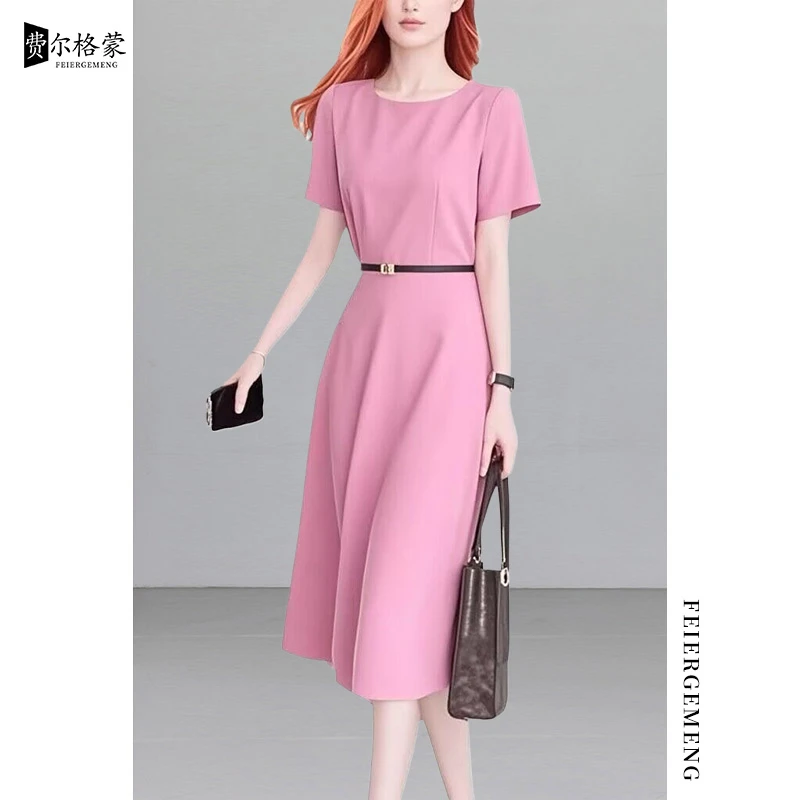 高档轻熟风古着短袖连衣裙2025夏季新通勤时尚纯色长后妈裙显瘦