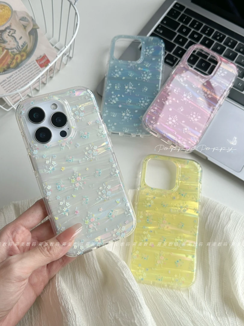 日韩少女纯色镭射小碎花适用苹果16promax手机壳iphone13新款15pr