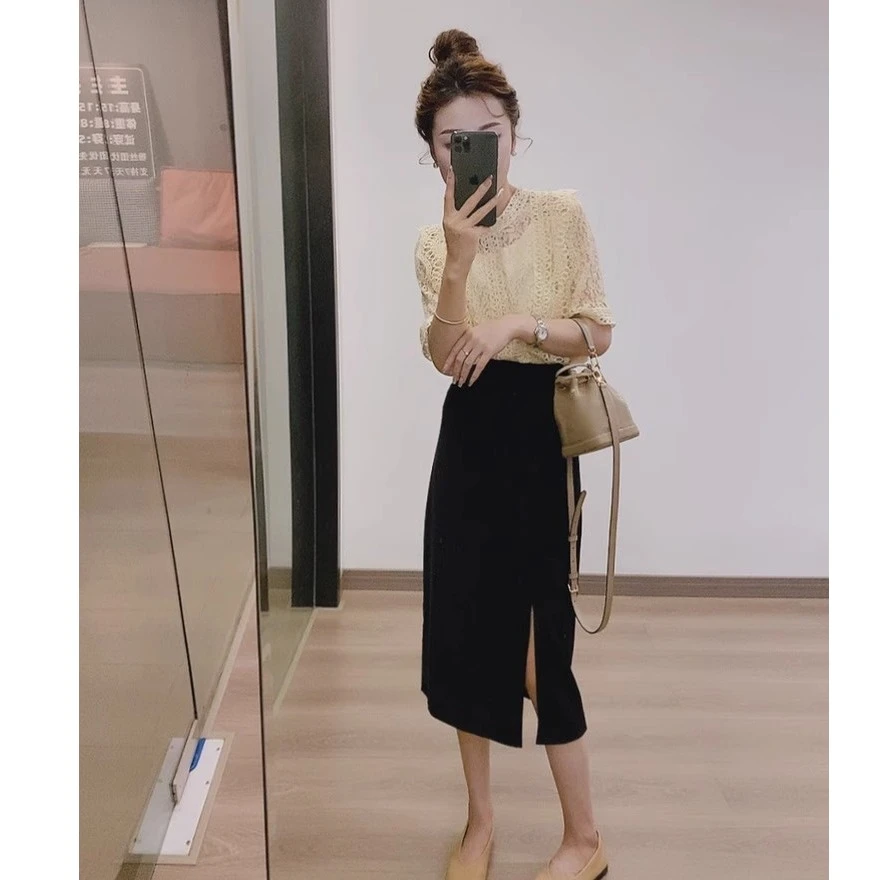 黑色侧开叉半身裙女夏季薄款长款高腰a字垂感抗皱直筒一步包臀裙