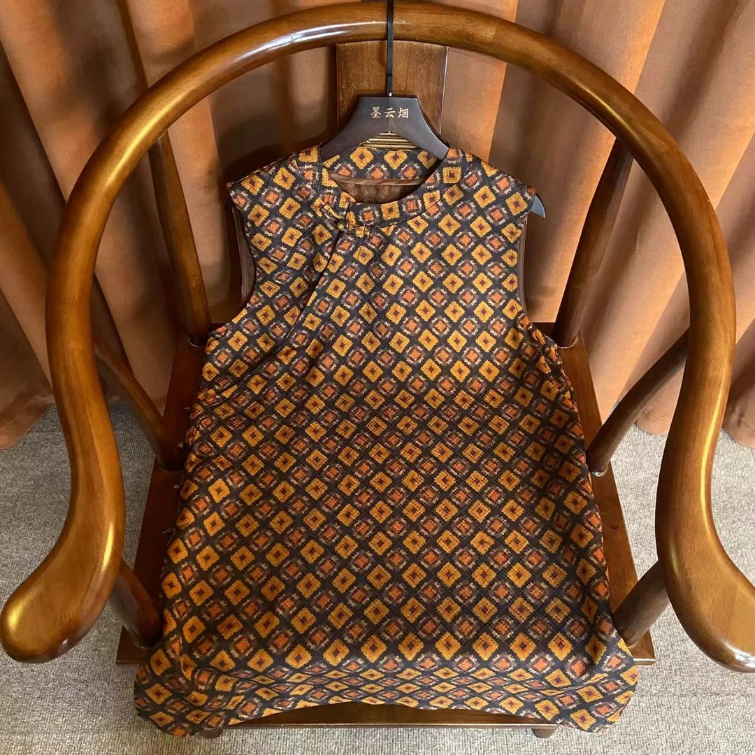 【余杭】高级感气质复古菱格斜襟无袖背心女夏季新款圆领盘口洋气女