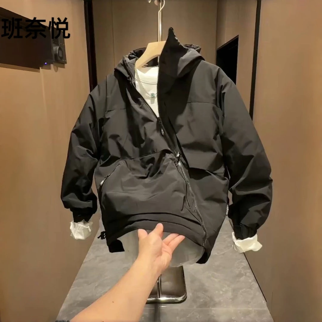 春秋季斜拉链大口袋连帽工装外套男士潮牌百搭户外休闲冲锋衣夹克