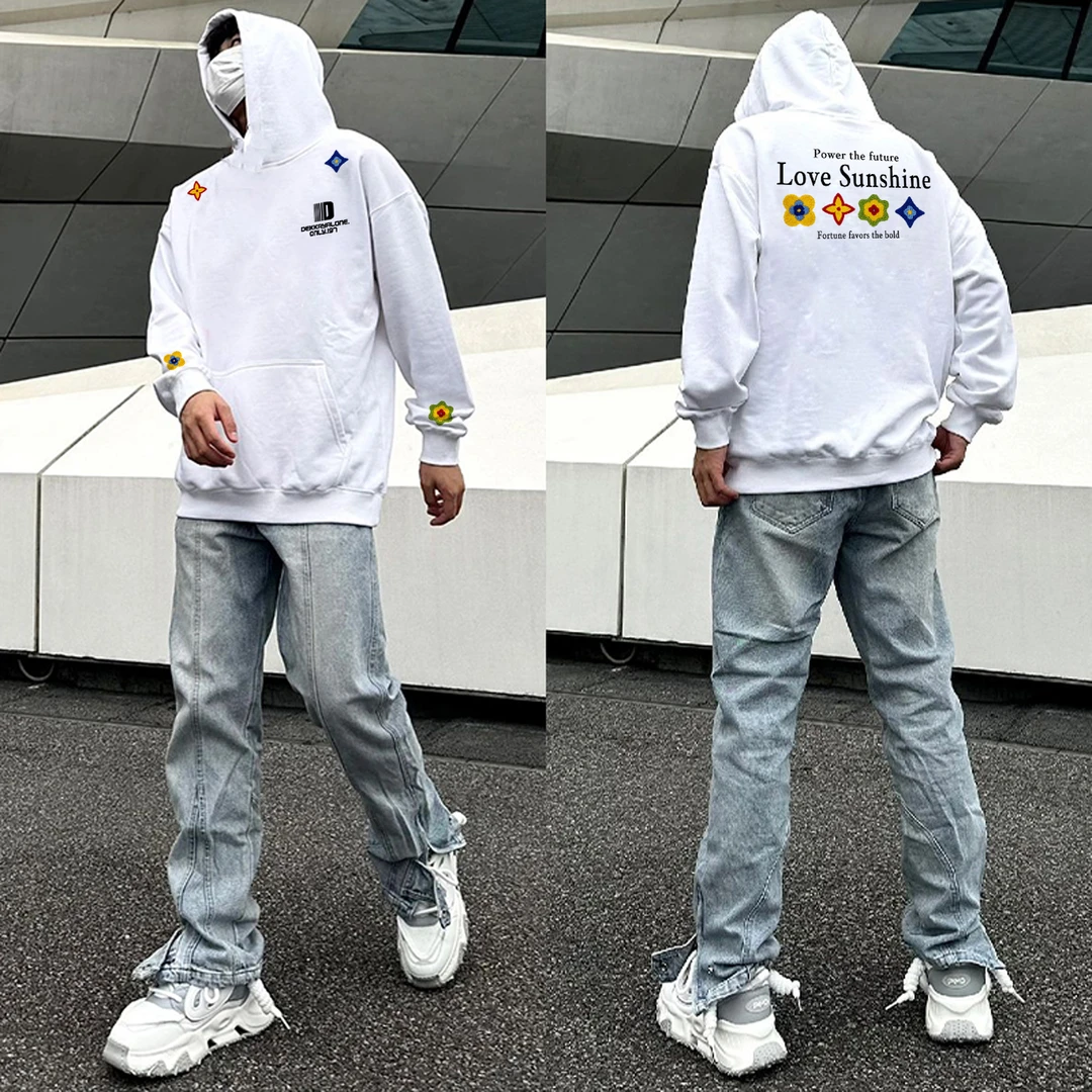 美式创意花朵字母印花宽松连帽卫衣男女秋冬季百搭休闲情侣上衣