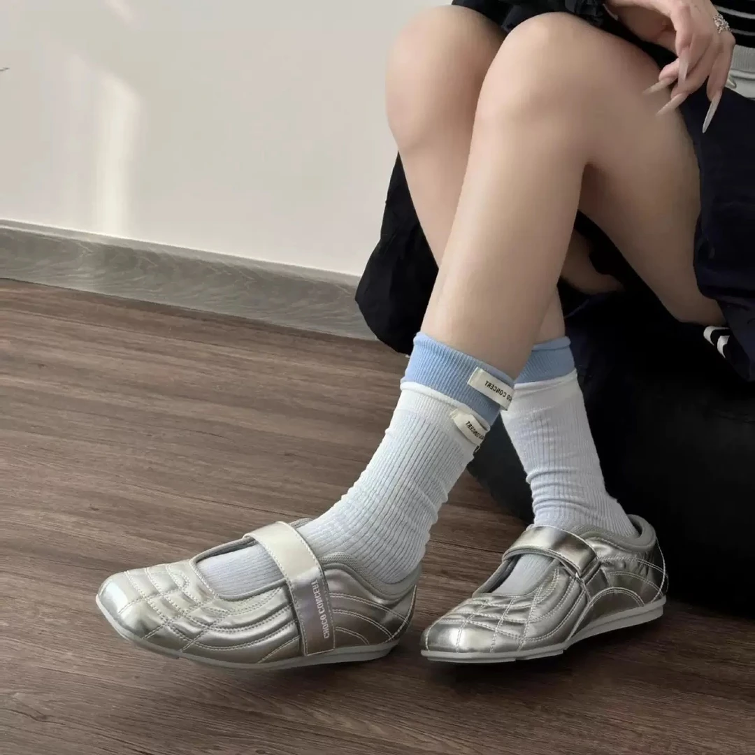羊皮版2025新款韩版魔术贴芭蕾鞋平底玛丽珍女银色单鞋运动休闲鞋