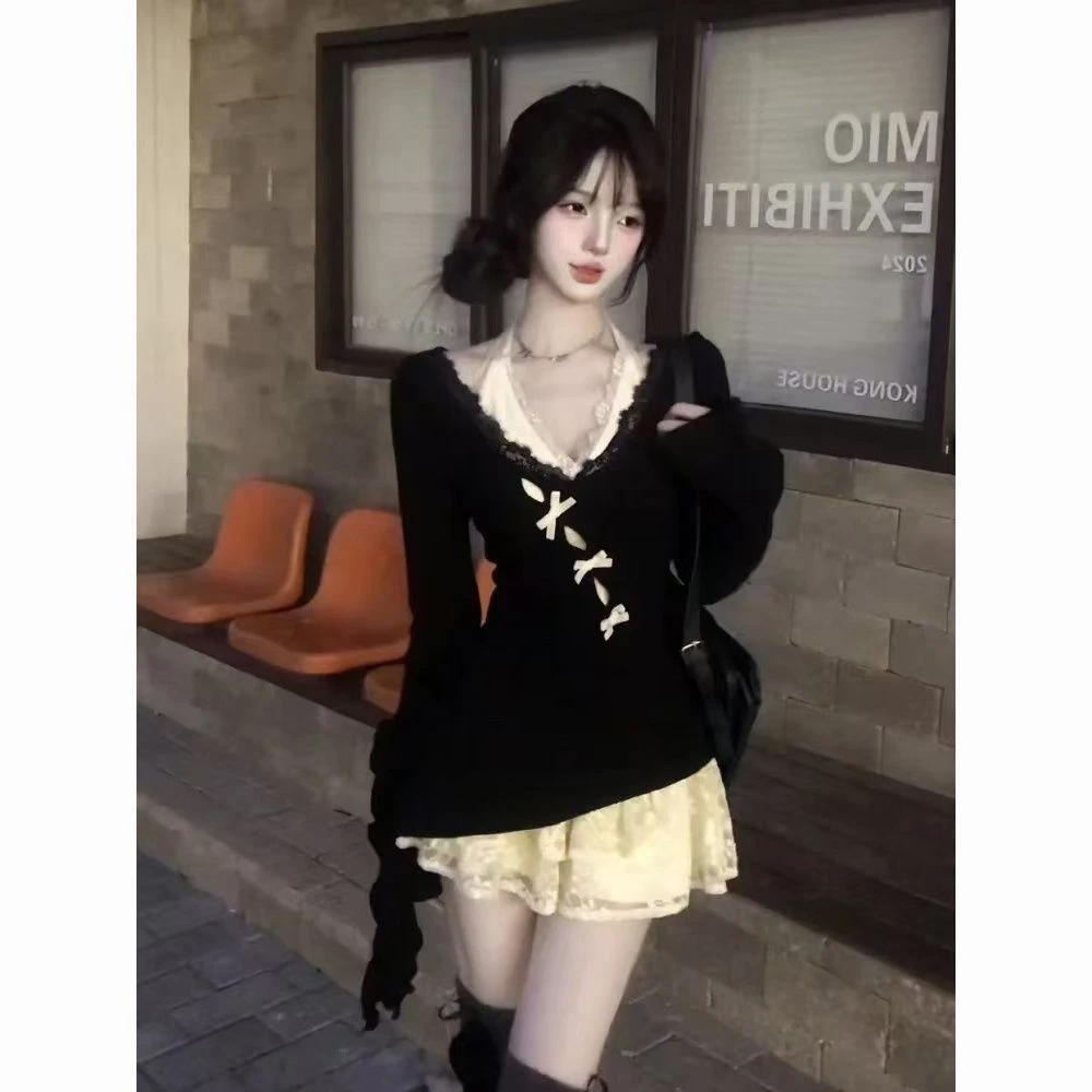 收腰显瘦纯欲风长袖黑色罩衫+蕾丝内搭挂脖连衣裙两件套装秋冬季