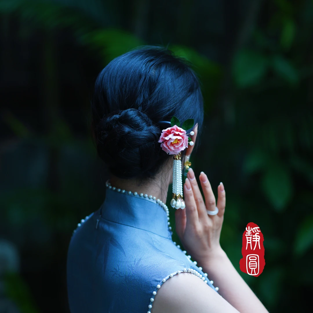 粉色牡丹双钗 纯手工气质簪发