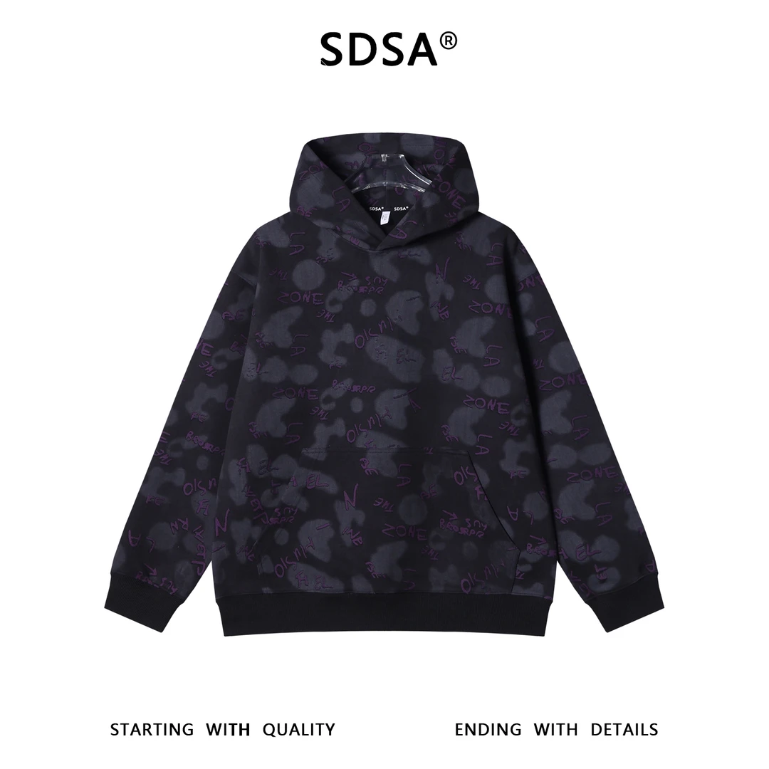SDSA男士秋冬新款痞帅男装潮牌扎染撞色割破字母抽绳连帽卫衣百搭
