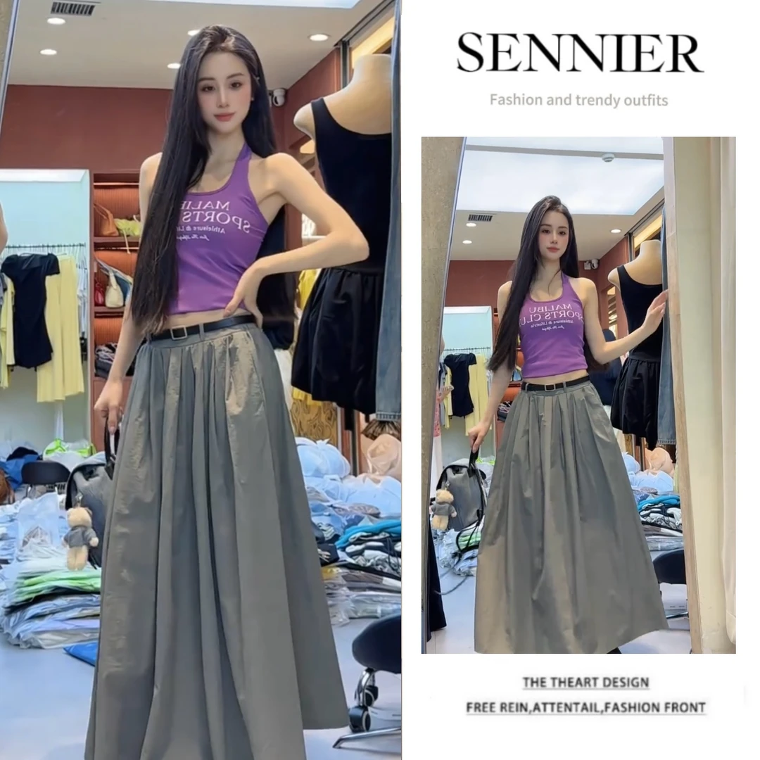 时尚穿搭女2025夏季新款修身挂脖短款字母背心宽松半身裙两件套装