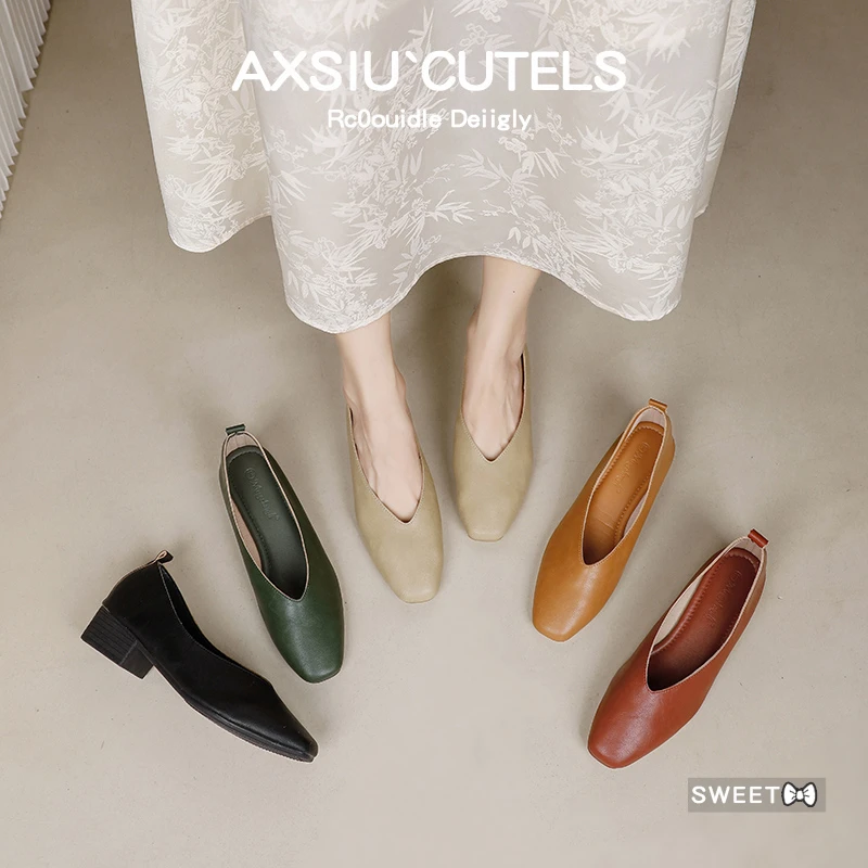 2025真皮V口新款小方头百搭低跟女鞋34-43码春夏网红浅口平底单鞋