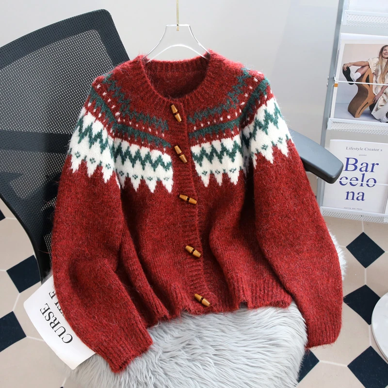 过年红色毛衣外套女2025秋冬季新款慵懒风加厚复古费尔岛针织开衫