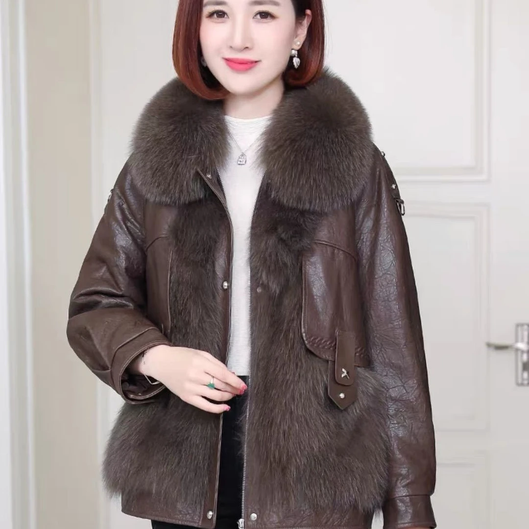 海宁皮衣外套女冬季加棉加厚保暖防寒皮毛一体大毛领时尚皮夹克