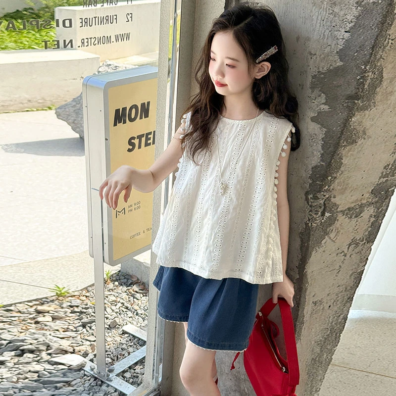 女童中大童蕾丝镂空套装韩版夏季纯色洋气时尚无袖气质休闲设计感