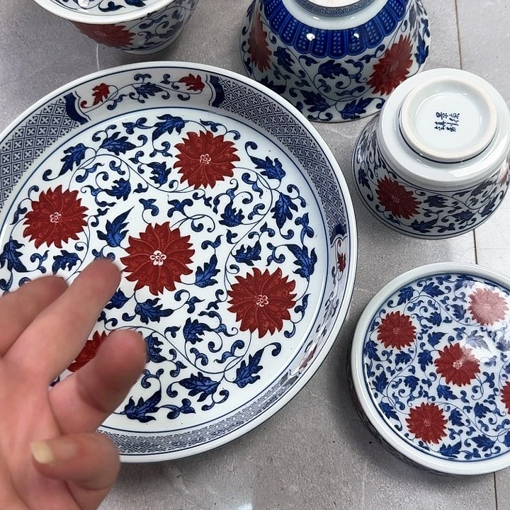 瓷片釉里红缠枝莲5件套景德镇