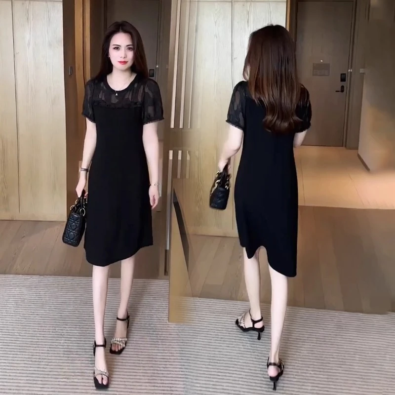 纱网拼接黑色a字连衣裙女2025夏季新款气质显瘦小个子中长款裙子