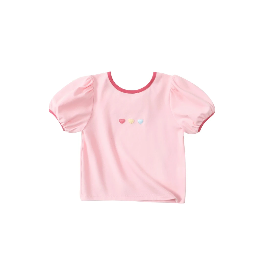 夏季短袖女T恤时髦印花女童短袖童装女童圆领小童泡泡袖