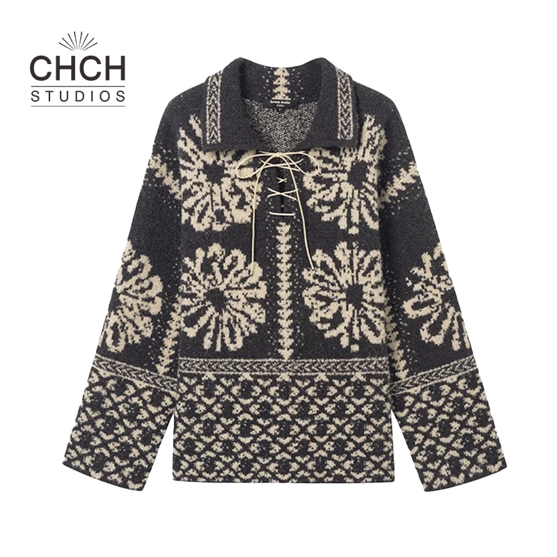 RAQZZ12446法式复古提花系带翻领套头毛衣新款慵懒感针织上衣