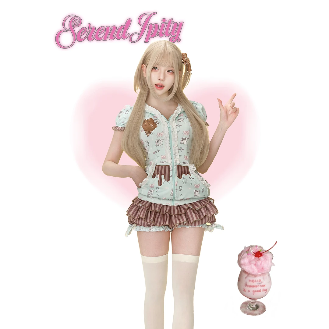 一口薄巧 少女椰子原创 薄荷绿印花短袖拉链连帽上衣棕色条纹裤裙