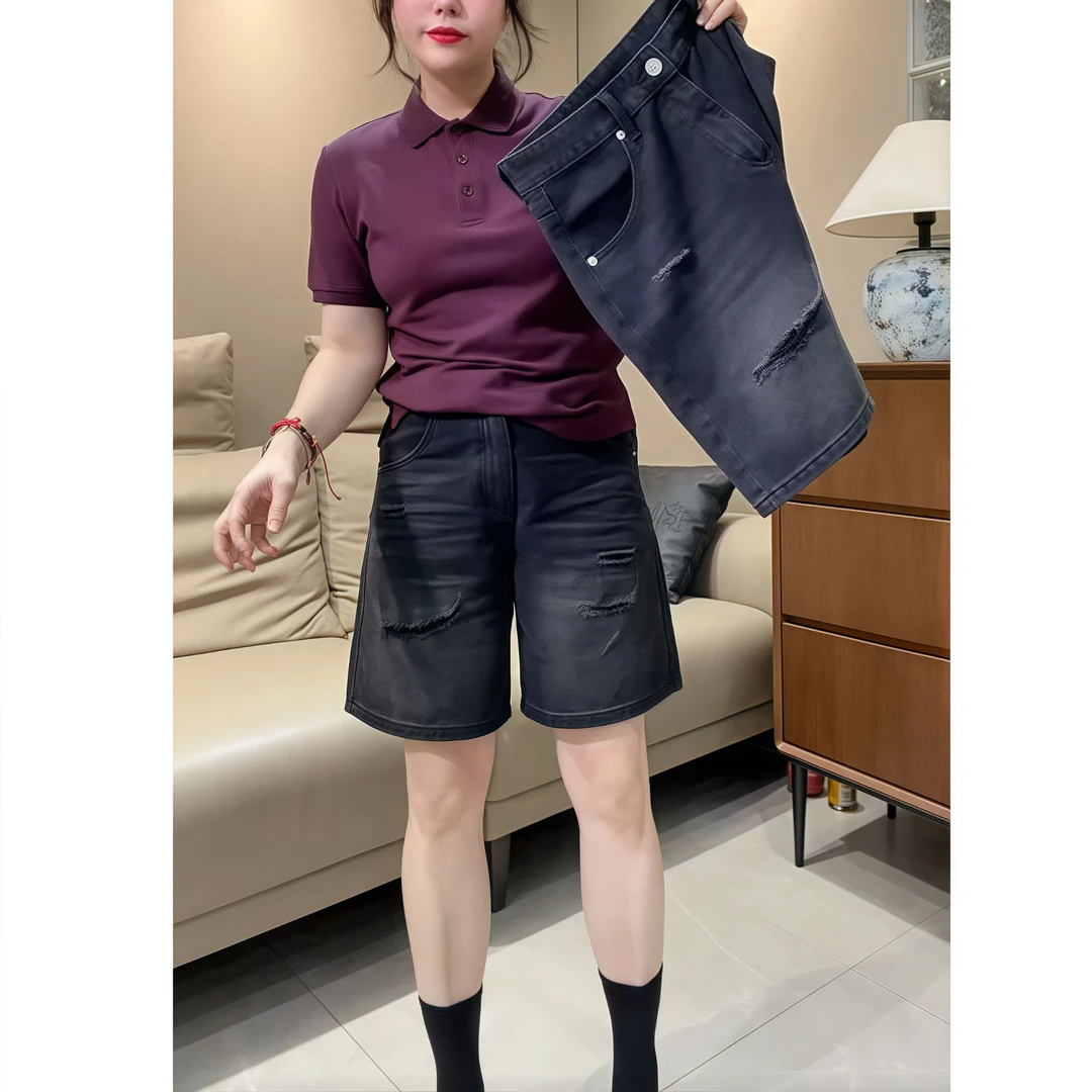 唐芯媛梨型身材高腰破洞牛仔短裤夏季新款薄款宽松显瘦直筒五分裤