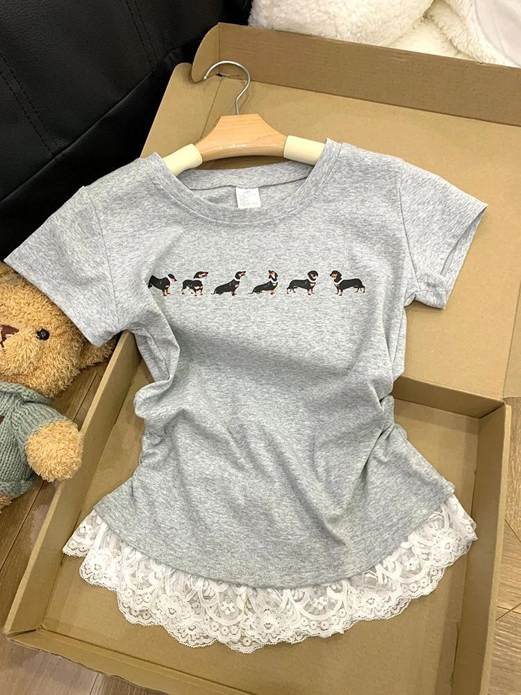 韩版灰色腊肠狗印花蕾丝花边纯棉正肩短袖t恤女夏季修身显瘦上衣