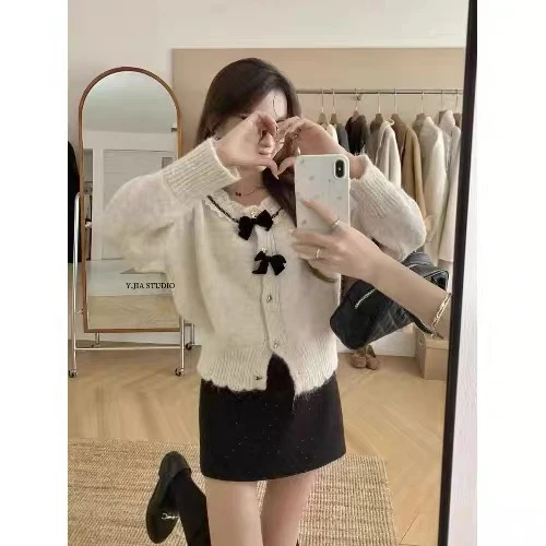 294-410韩版蕾丝花边蝴蝶结单排扣毛衣女士春秋款气质针织开衫