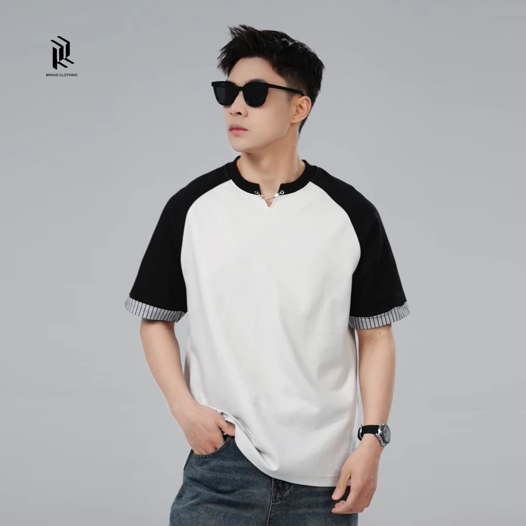 『轻通勤插肩拼接袖』撞色定制重磅冰氨纤维冰感棉休闲短袖圆领T恤