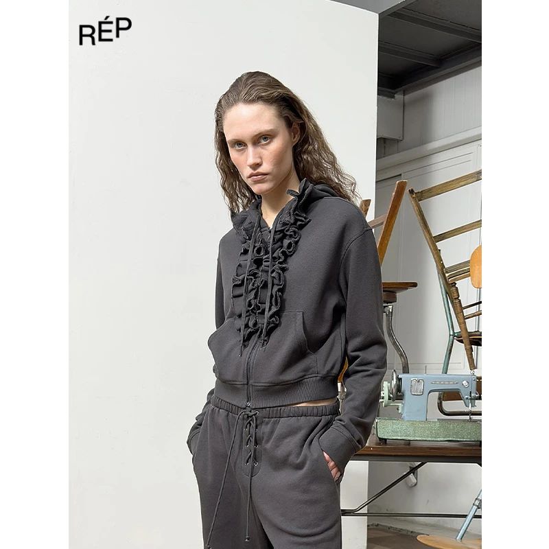 REP-OPEN YY设计师品牌炭灰荷叶边连帽卫衣 25PF女装早秋新品