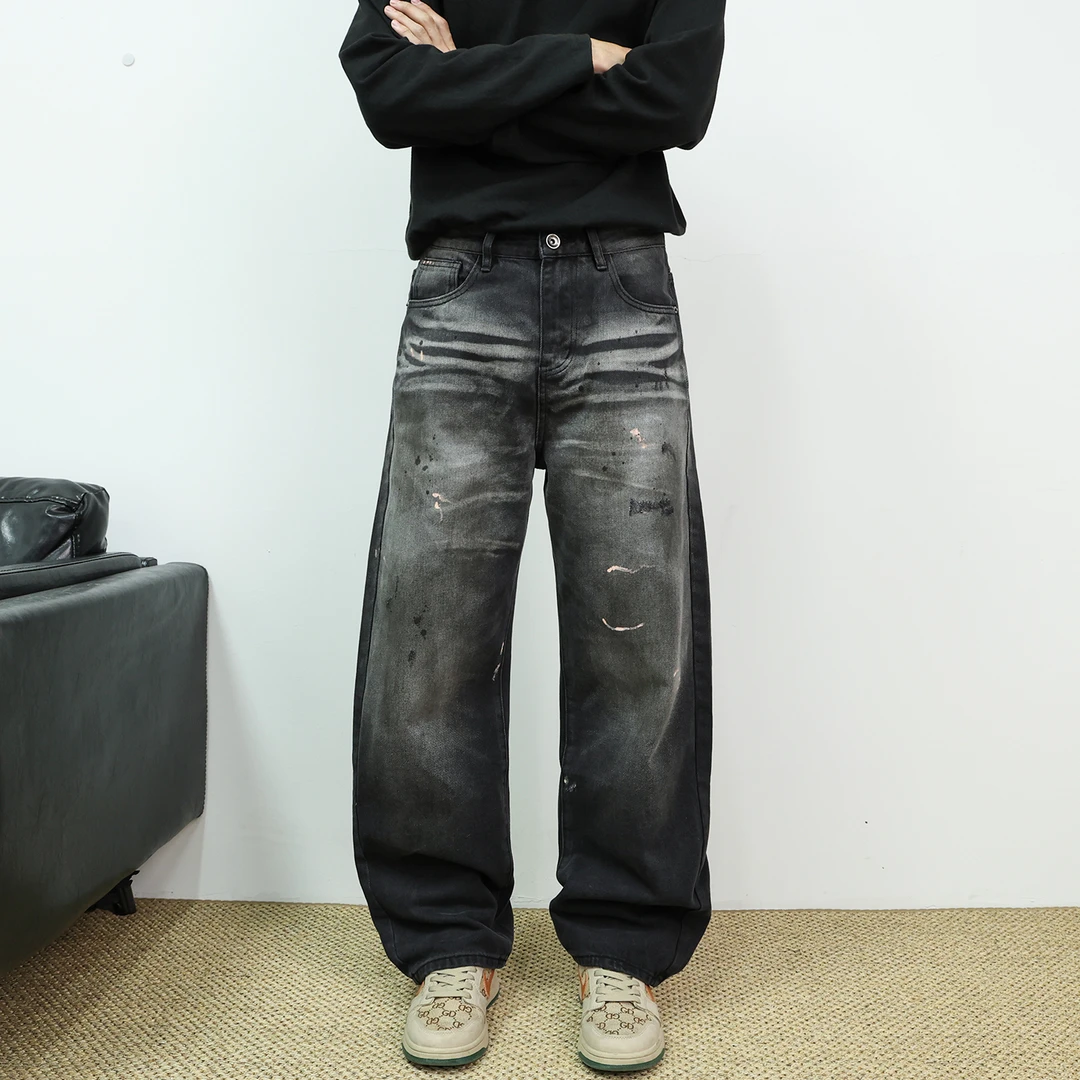 美式dirtyfit宽松阔腿弯刀裤男款水洗黑灰复古做旧个性泼漆长裤男