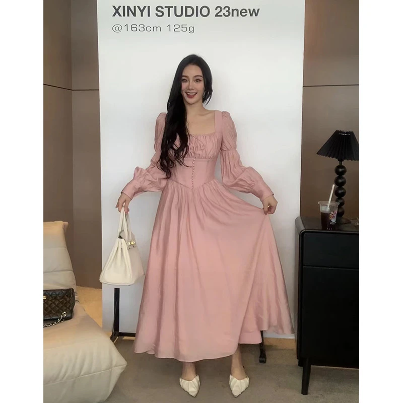 XINYI【粉黛】春季方领天丝连衣裙收腰显瘦气质裙子X624Q00292